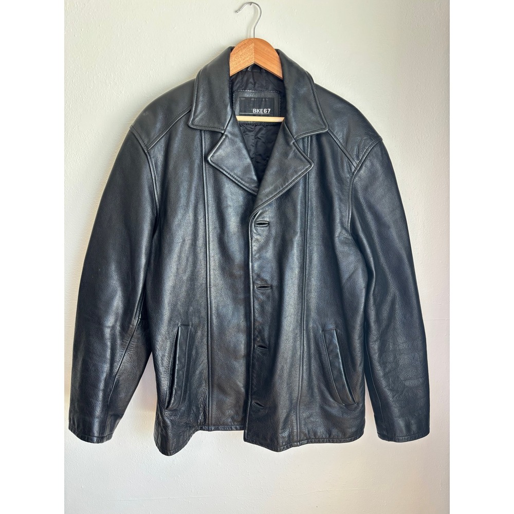 BKE 67 Mens Black Genuine Leather Button Front Quilted Lined Car Coat‎ Jacket M